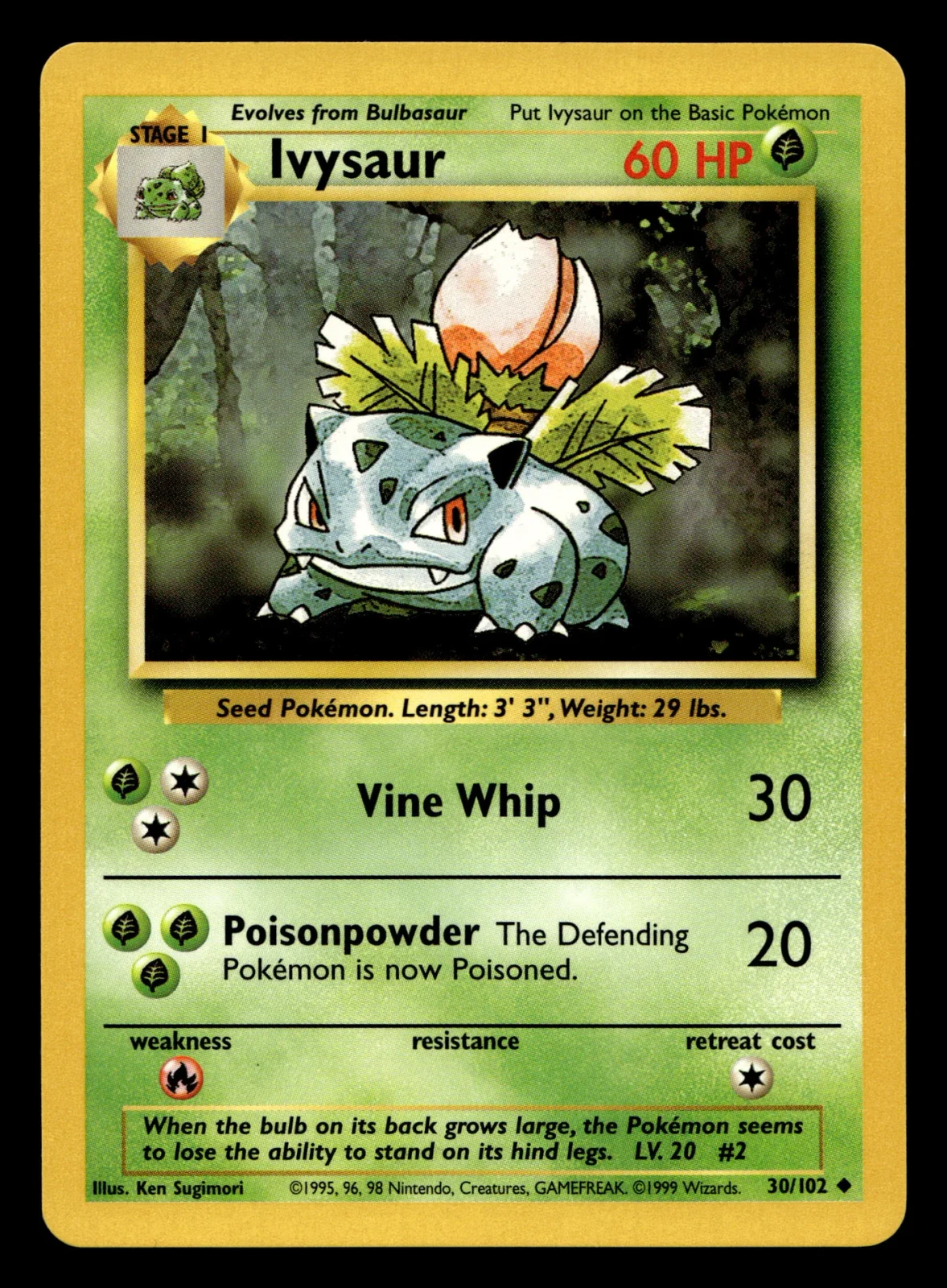 Voorkant Ivysaur 30/102 uit Base Set Uncommon Excellent + conditie Pokémon kaart productfoto EX+ 2/2