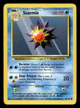 Voorkant Starmie 64/102 uit Base Set Common Near Mint conditie Pokémon kaart productfoto NM 1/3