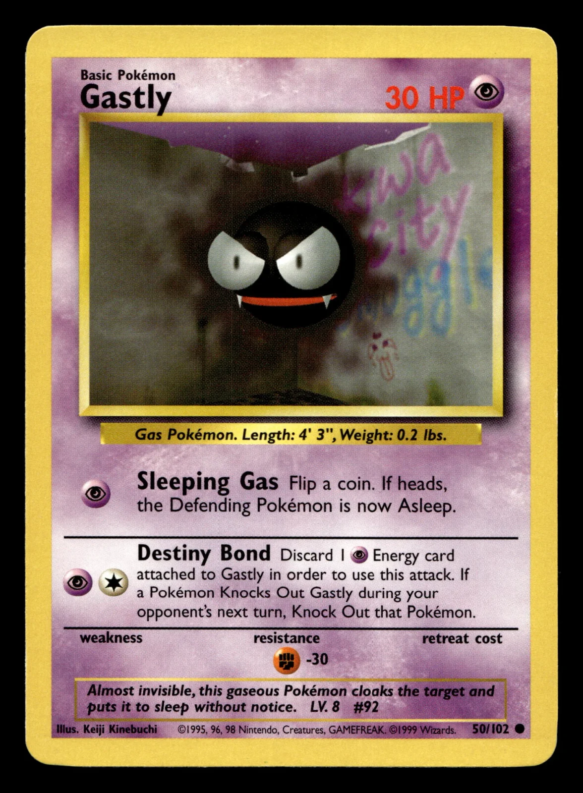 Voorkant Gastly 50/102 uit Base Set Common Light Played + conditie Pokémon kaart productfoto