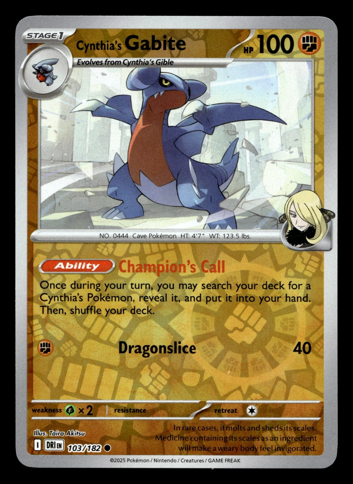Voorkant Cynthia's Gabite 103/182 uit Destined Rivals Common Near Mint conditie Pokémon kaart productfoto
