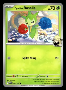Voorkant Cynthia's Roselia 7/182 uit Destined Rivals Common Near Mint conditie Pokémon kaart productfoto