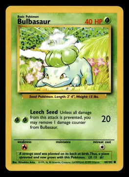 Voorkant Bulbasaur 44/102 uit Base Set Common Near Mint - conditie Pokémon kaart productfoto NM- 3/8