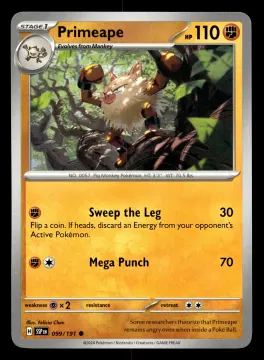 Voorkant Primeape 99/191 uit Surging Sparks Common Near Mint conditie Pokémon kaart productfoto