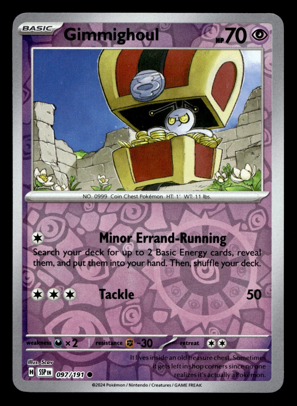 Voorkant Gimmighoul 97/191 uit Surging Sparks Common Near Mint conditie Pokémon kaart productfoto