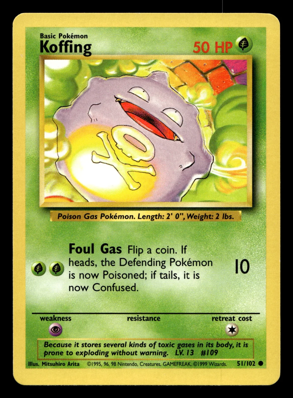 Voorkant Koffing 51/102 uit Base Set Common Near Mint - conditie Pokémon kaart productfoto NM- 1