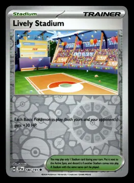Voorkant Lively Stadium 180/191 uit Surging Sparks Uncommon Near Mint conditie Pokémon kaart productfoto