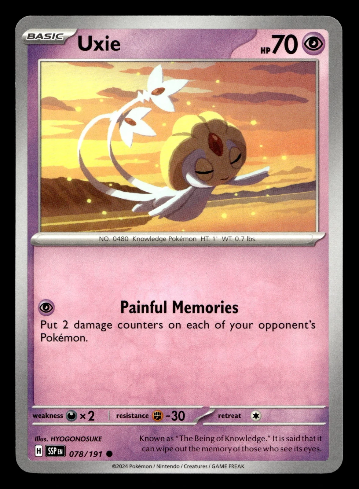 Voorkant Uxie 78/191 uit Surging Sparks Common Near Mint conditie Pokémon kaart productfoto