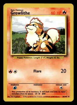 Voorkant Growlithe 28/102 uit Base Set Uncommon Near Mint + conditie Pokémon kaart productfoto NM+ 1