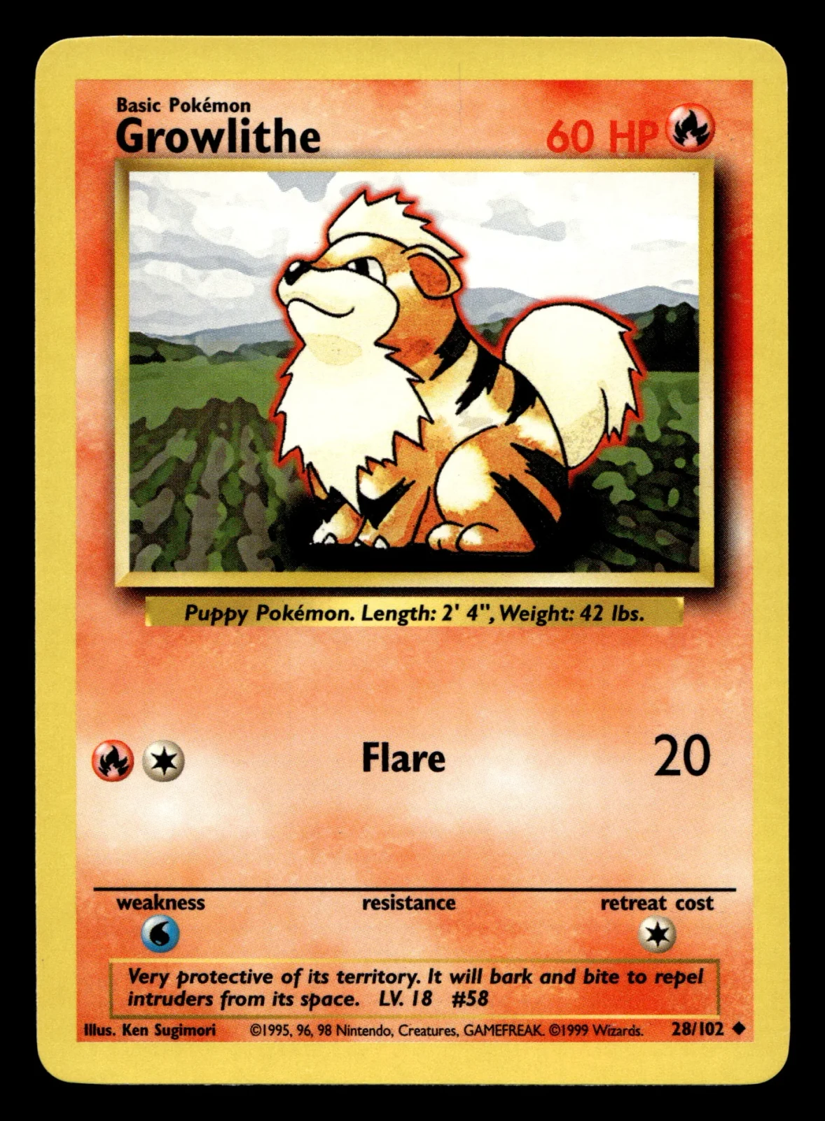 Voorkant Growlithe 28/102 uit Base Set Uncommon Near Mint conditie Pokémon kaart productfoto NM 1/3