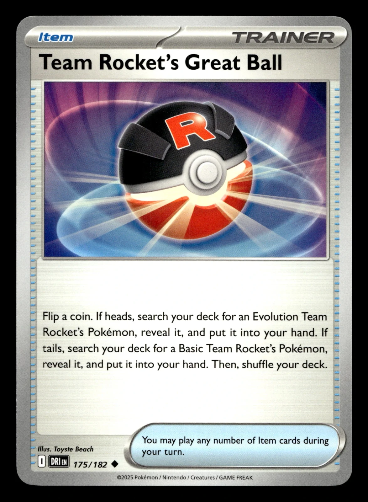 Voorkant Team Rocket's Great Ball 175/182 uit Destined Rivals Uncommon Near Mint conditie Pokémon kaart productfoto