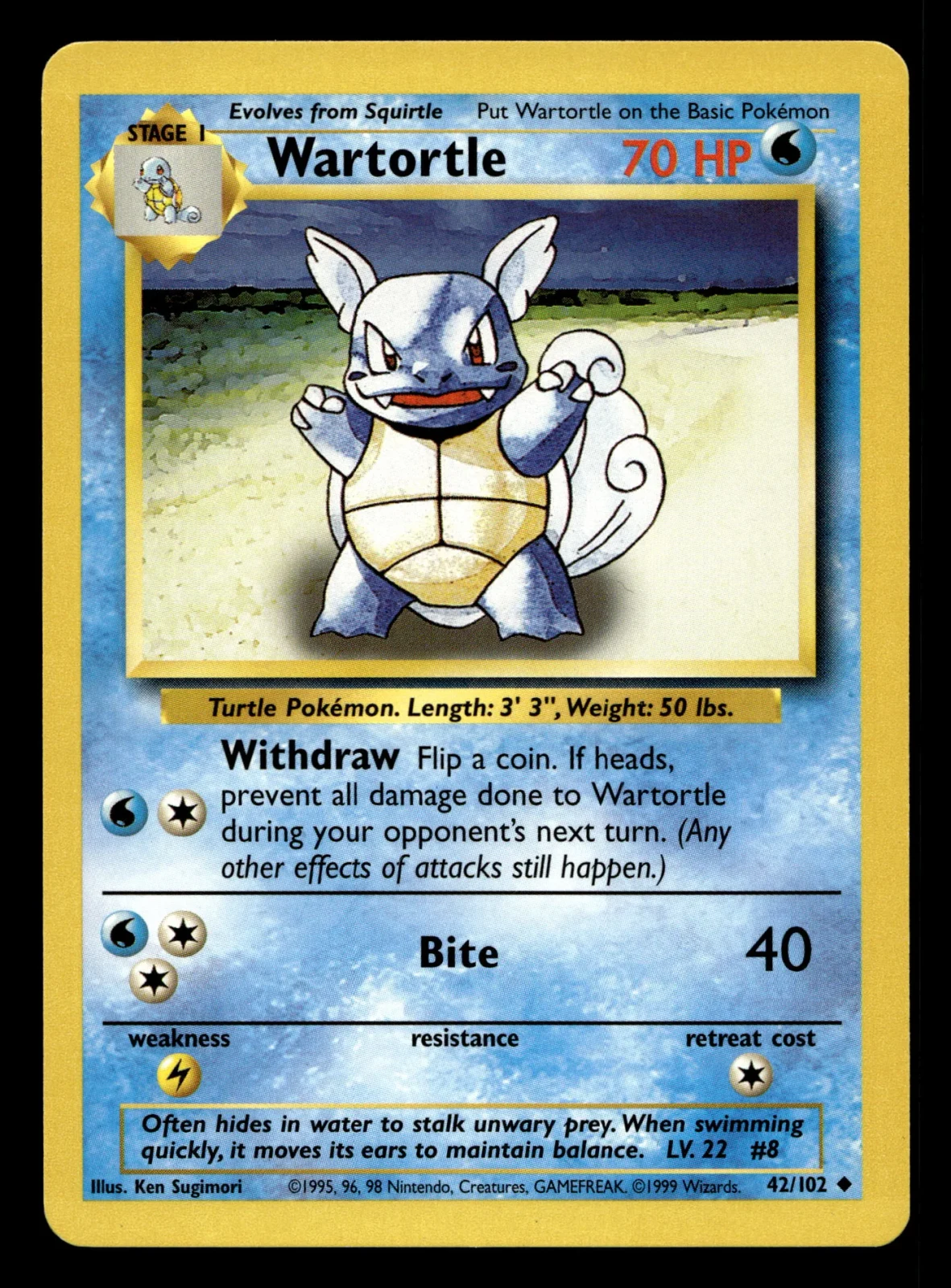 Voorkant Wartortle 42/102 uit Base Set Uncommon Near Mint - conditie Pokémon kaart productfoto NM- 2/3