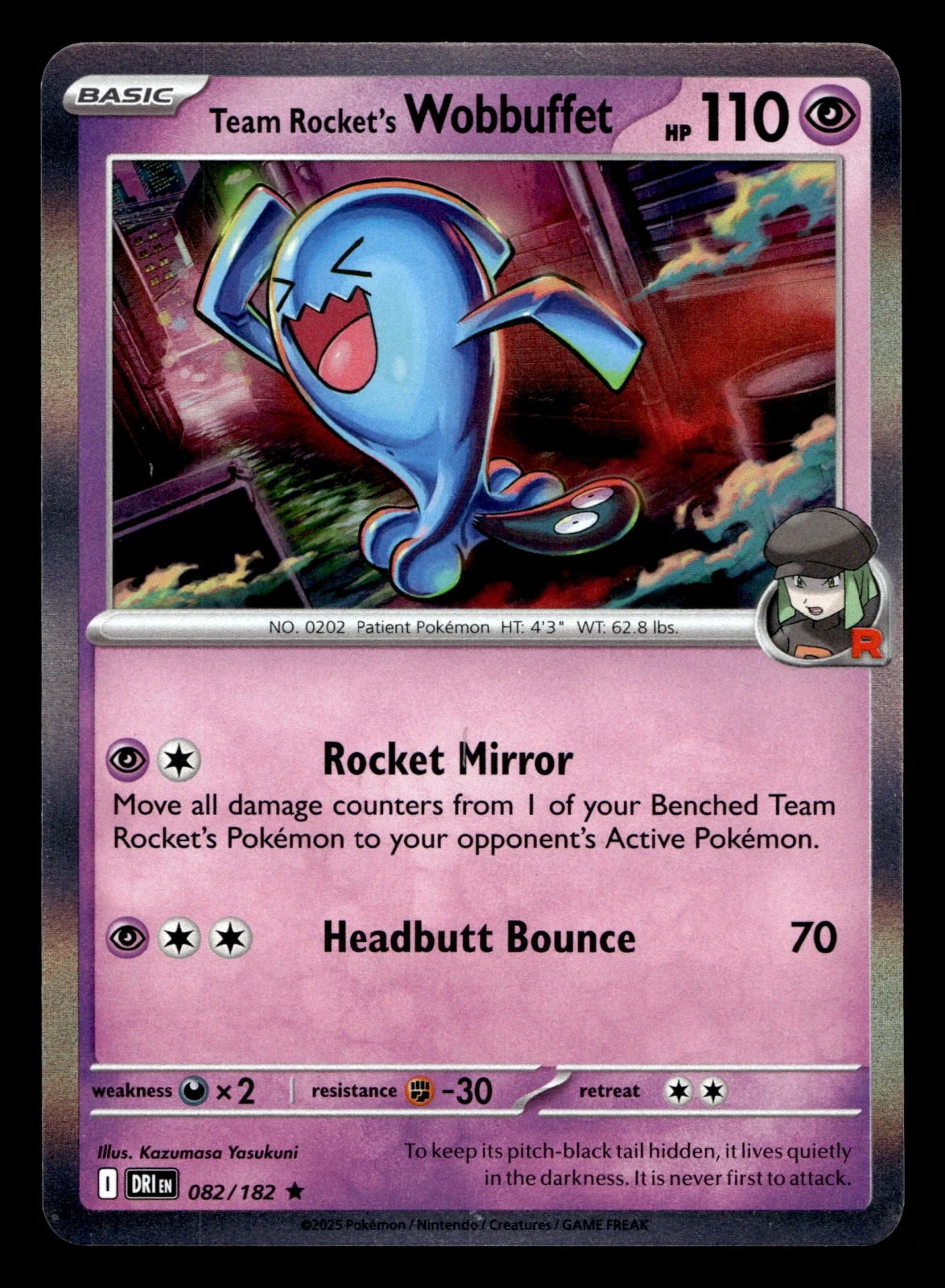 Voorkant Team Rocket's Wobbuffet 82/182 uit Destined Rivals Rare Near Mint conditie Pokémon kaart productfoto
