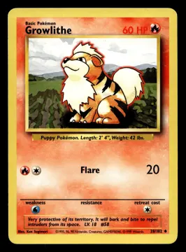 Voorkant Growlithe 28/102 uit Base Set Uncommon Excellent conditie Pokémon kaart productfoto EX 1