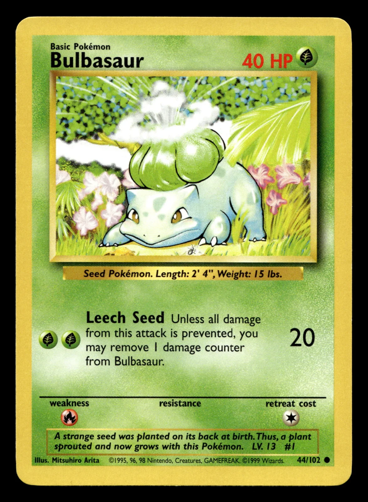 Voorkant Bulbasaur 44/102 uit Base Set Common Near Mint conditie Pokémon kaart productfoto NM 3/3