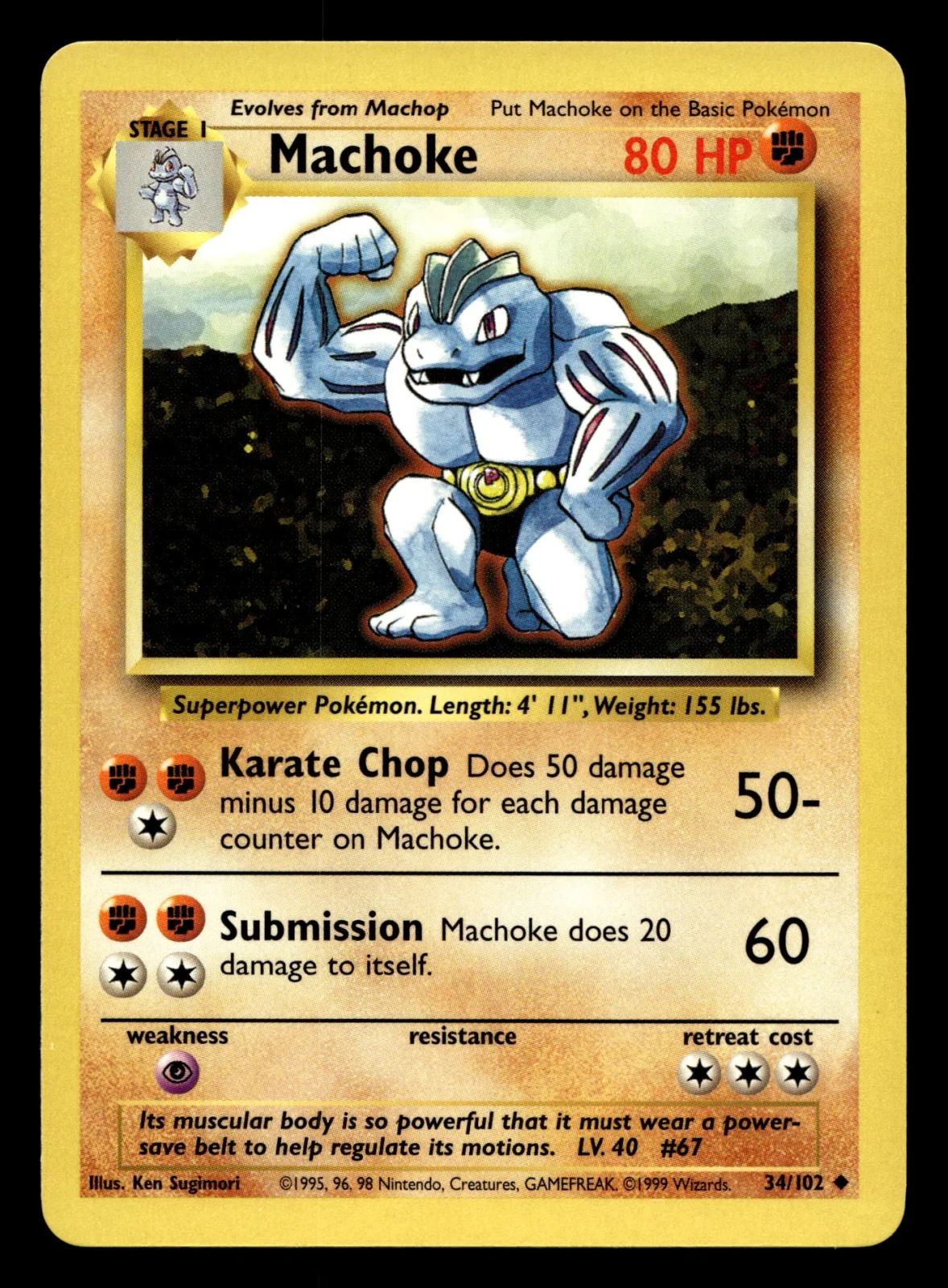 Voorkant Machoke 34/102 uit Base Set Uncommon Near Mint conditie Pokémon kaart productfoto NM 1/2