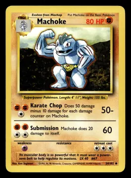 Voorkant Machoke 34/102 uit Base Set Uncommon Near Mint conditie Pokémon kaart productfoto NM 1/2