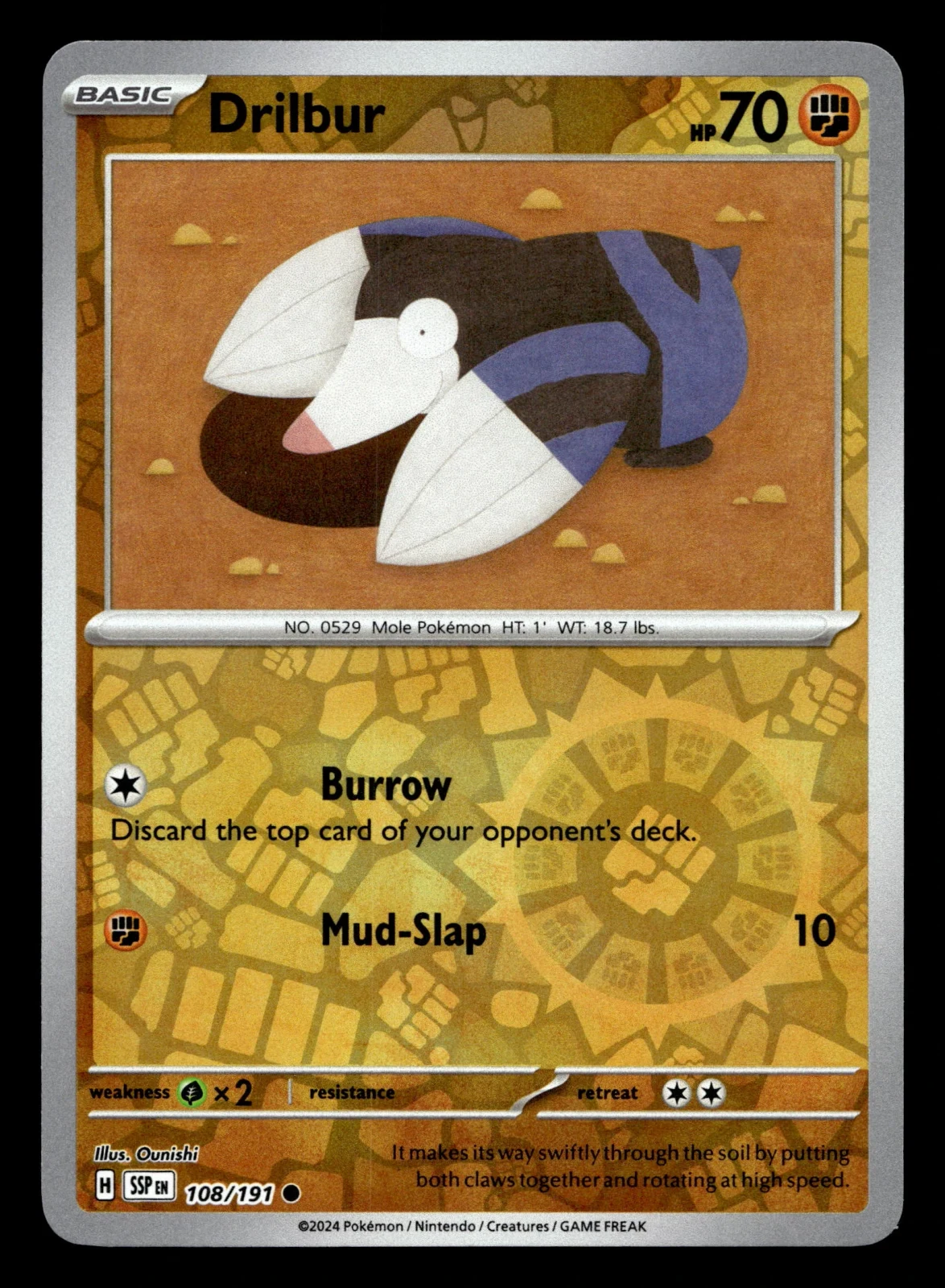 Voorkant Drilbur 108/191 uit Surging Sparks Common Near Mint conditie Pokémon kaart productfoto