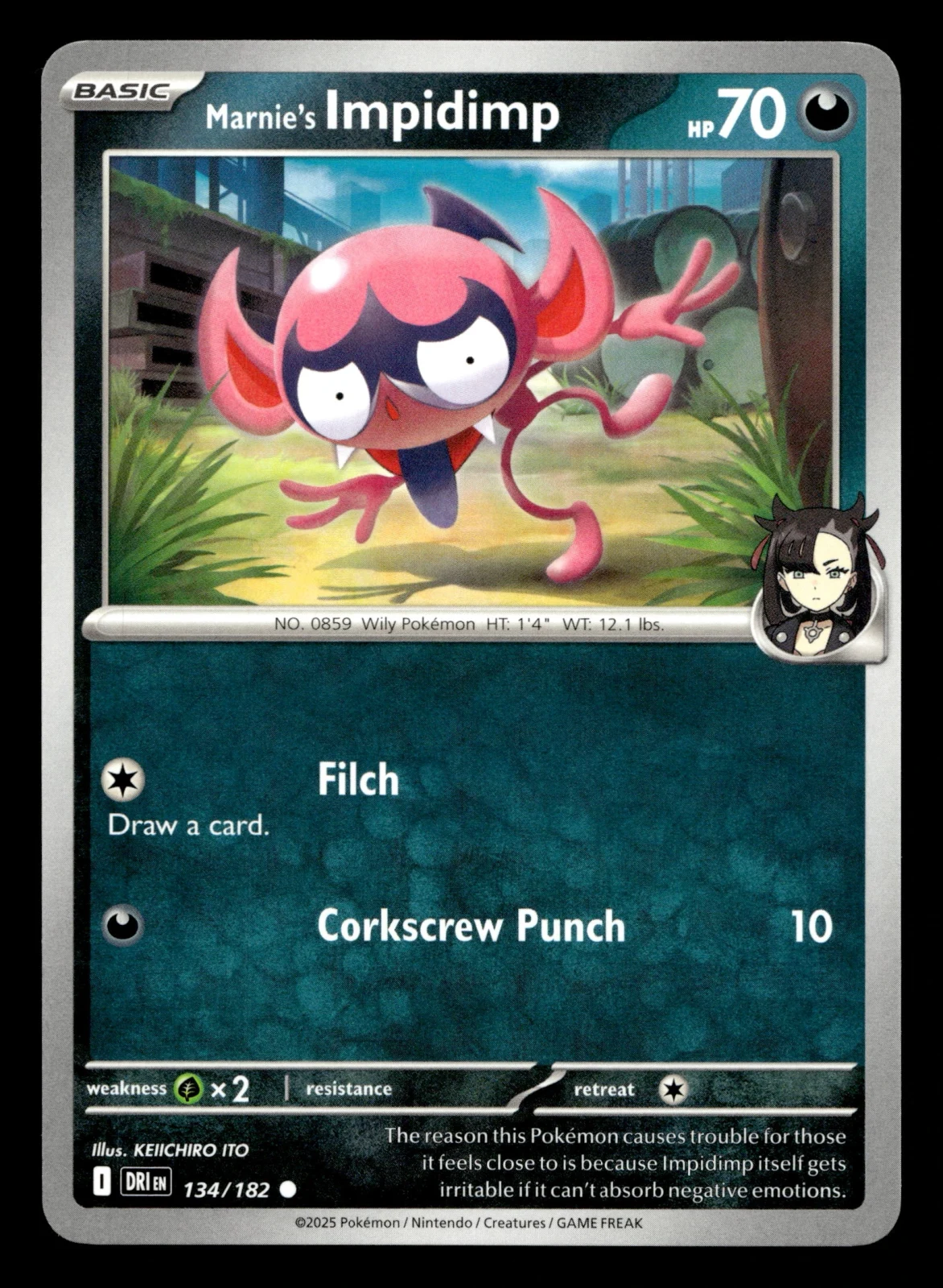 Voorkant Marnie's Impidimp 134/182 uit Destined Rivals Common Near Mint conditie Pokémon kaart productfoto