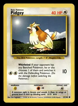 Voorkant Pidgey 57/102 uit Base Set Common Excellent + conditie Pokémon kaart productfoto EX+ 2/2
