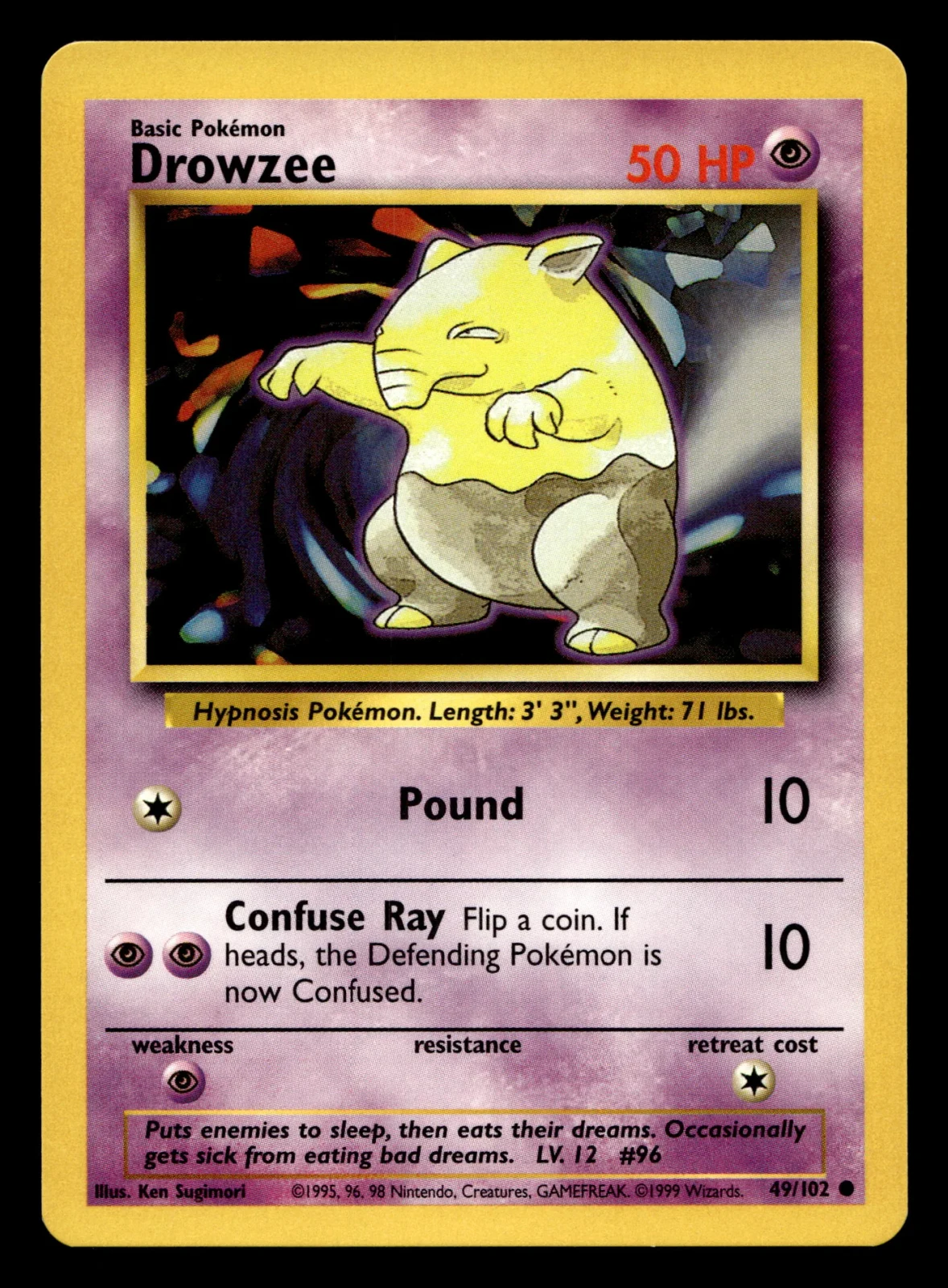 Voorkant Drowzee 49/102 uit Base Set Common Near Mint conditie Pokémon kaart productfoto NM 2/2