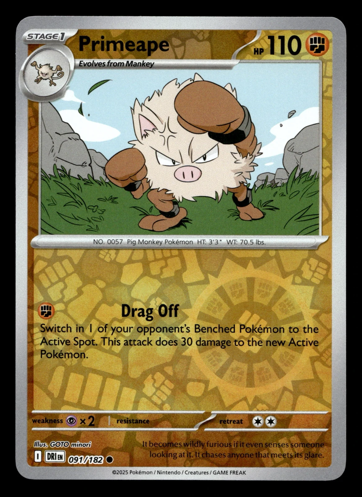 Voorkant Primeape 91/182 uit Destined Rivals Common Near Mint conditie Pokémon kaart productfoto