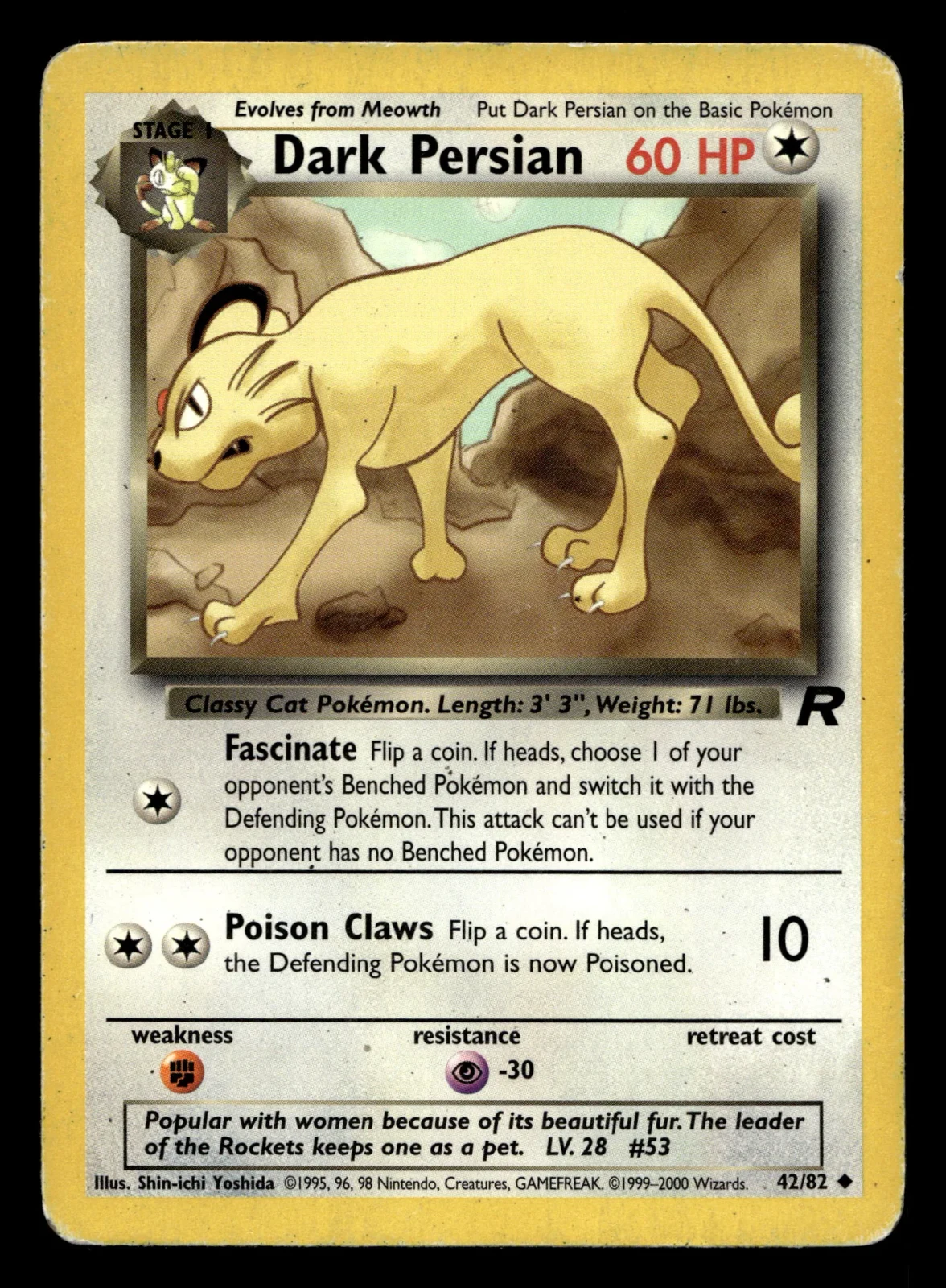 Voorkant Dark Persian 42/82 uit Team Rocket Uncommon Light Played conditie Pokémon kaart productfoto