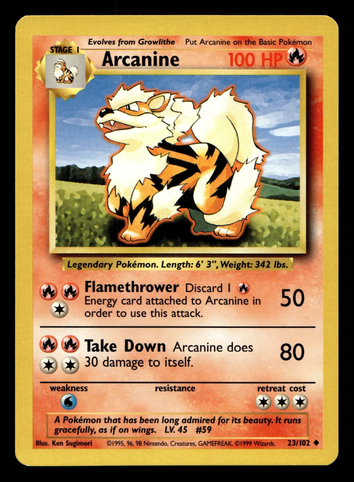 Voorkant Arcanine 23/102 uit Base Set Uncommon Near Mint - conditie Pokémon kaart productfoto NM- 2/2