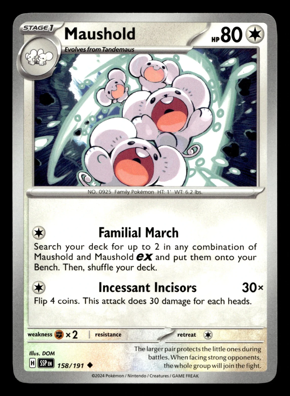Voorkant Maushold 158/191 uit Surging Sparks Uncommon Near Mint conditie Pokémon kaart productfoto