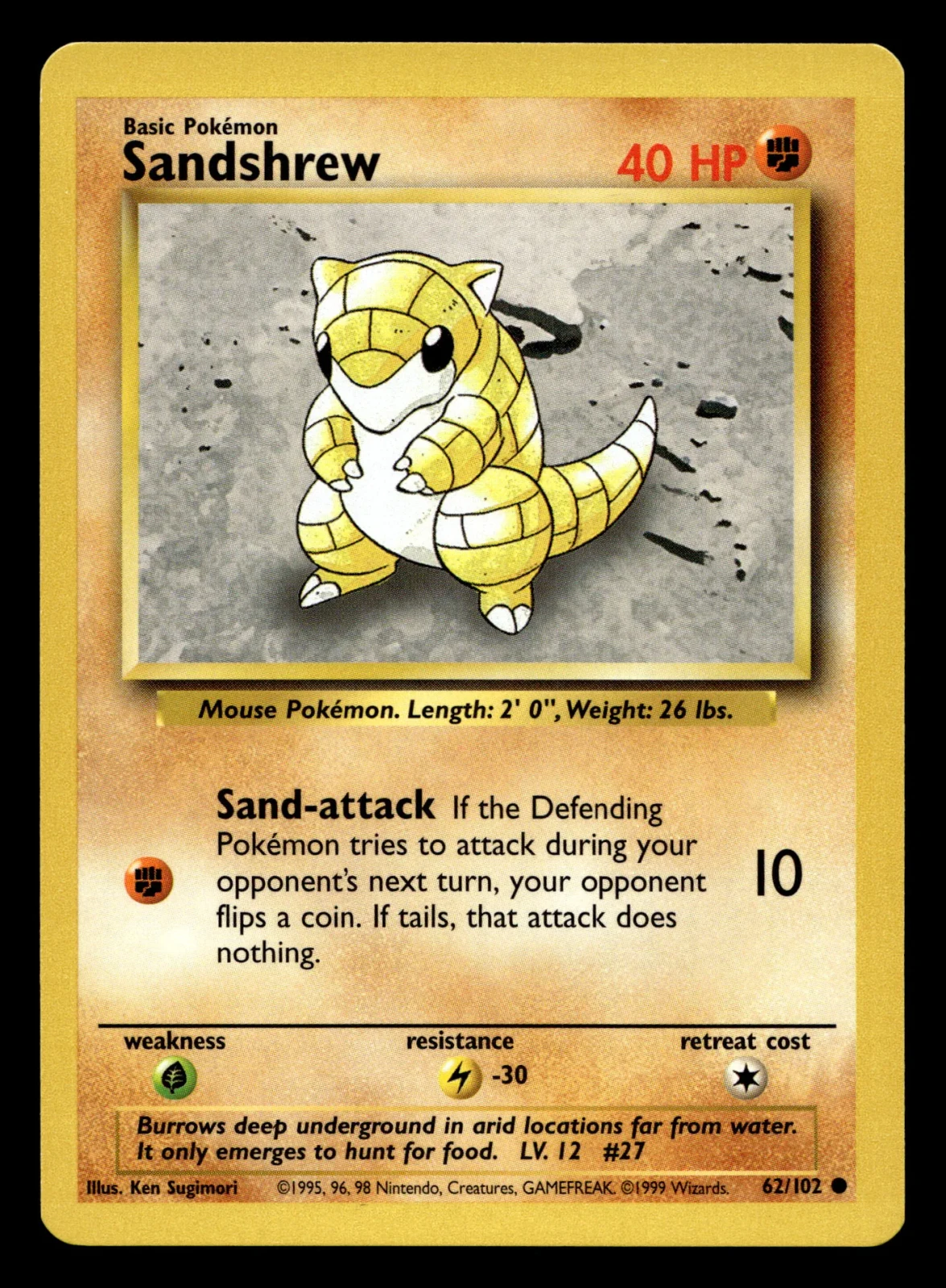 Voorkant Sandshrew 62/102 uit Base Set Common Near Mint conditie Pokémon kaart productfoto NM 2/2