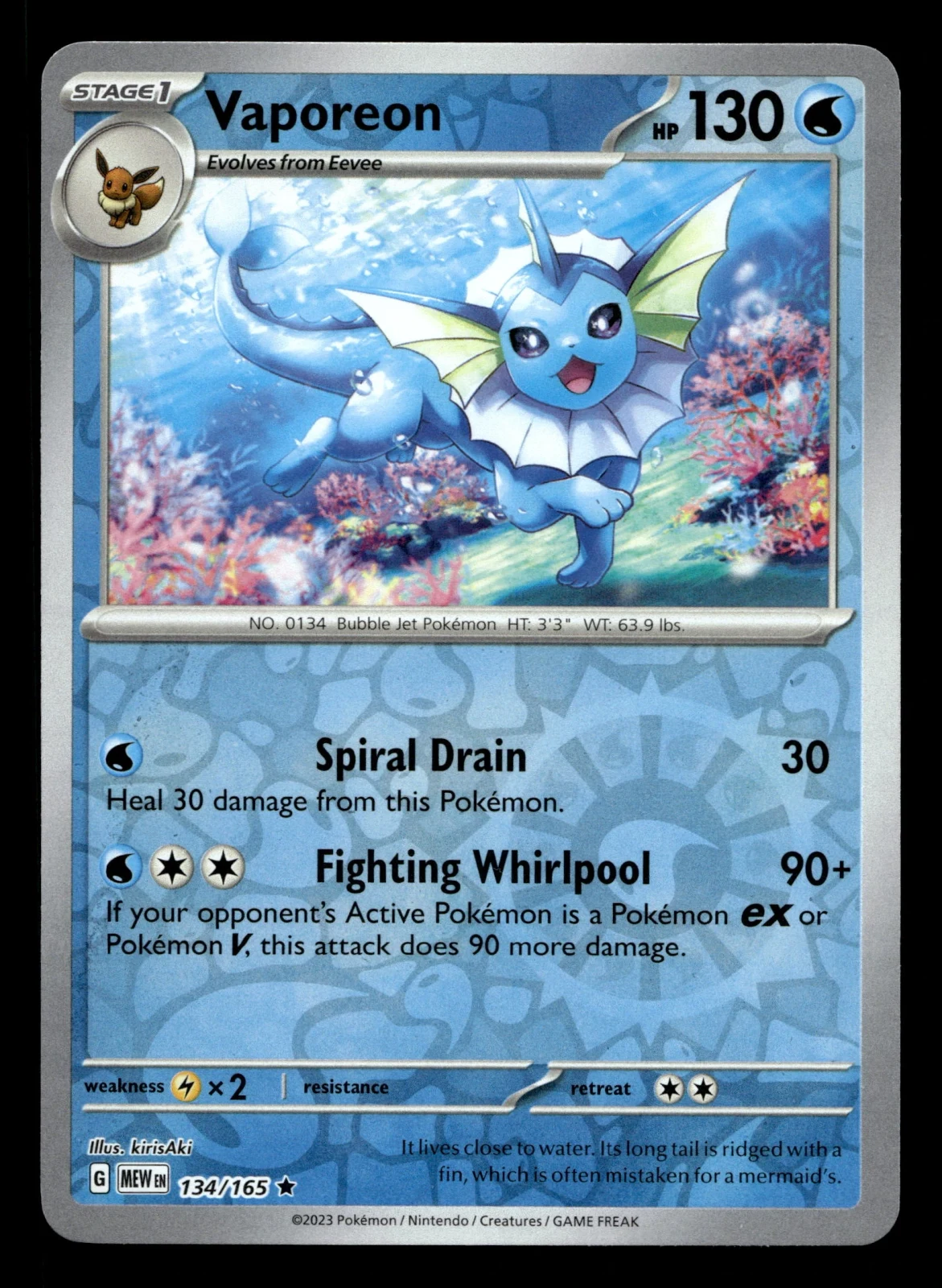 Voorkant Vaporeon 134/165 uit 151 Rare Near Mint conditie Pokémon kaart productfoto