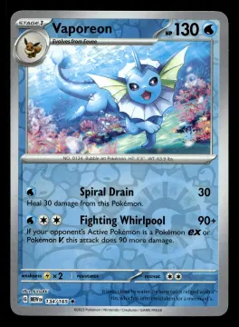 Voorkant Vaporeon 134/165 uit 151 Rare Near Mint conditie Pokémon kaart productfoto