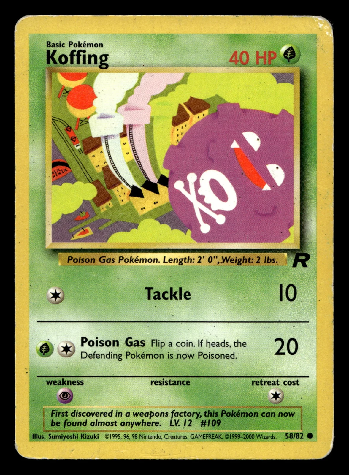 Voorkant Koffing 58/82 uit Team Rocket Common Light Played conditie Pokémon kaart productfoto