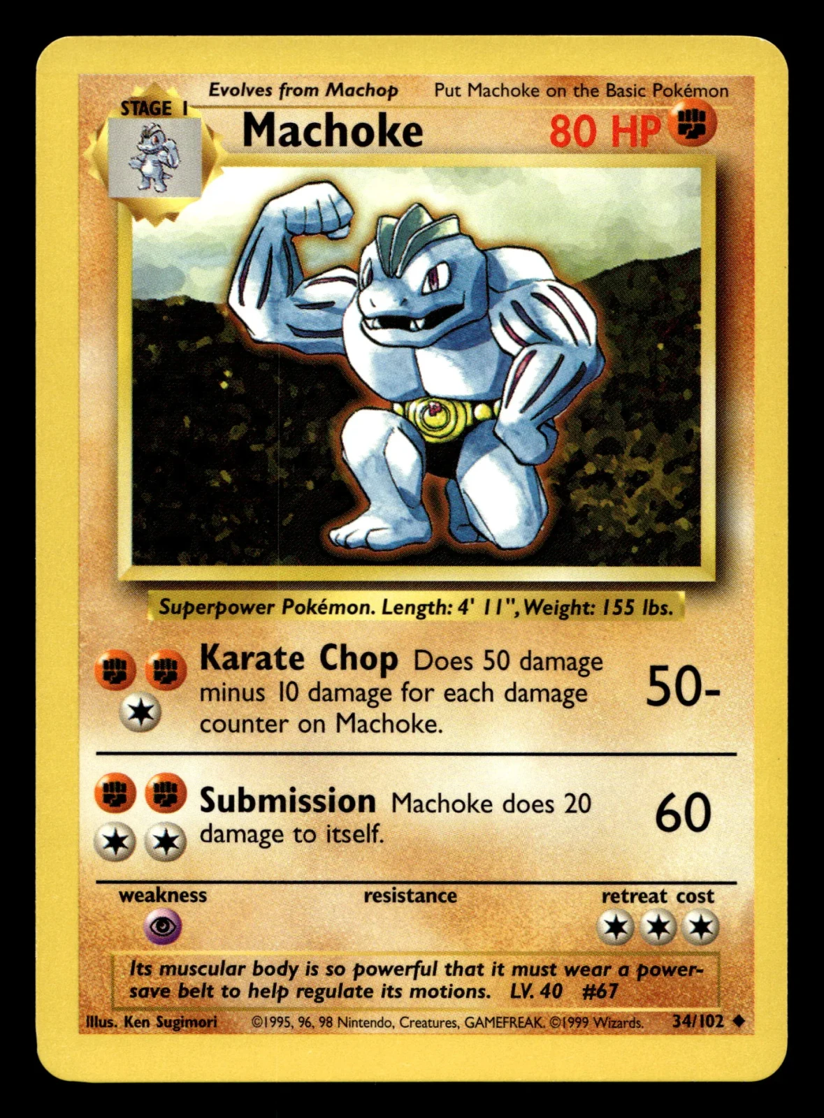 Voorkant Machoke 34/102 uit Base Set Uncommon Excellent + conditie Pokémon kaart productfoto EX+ 2/3