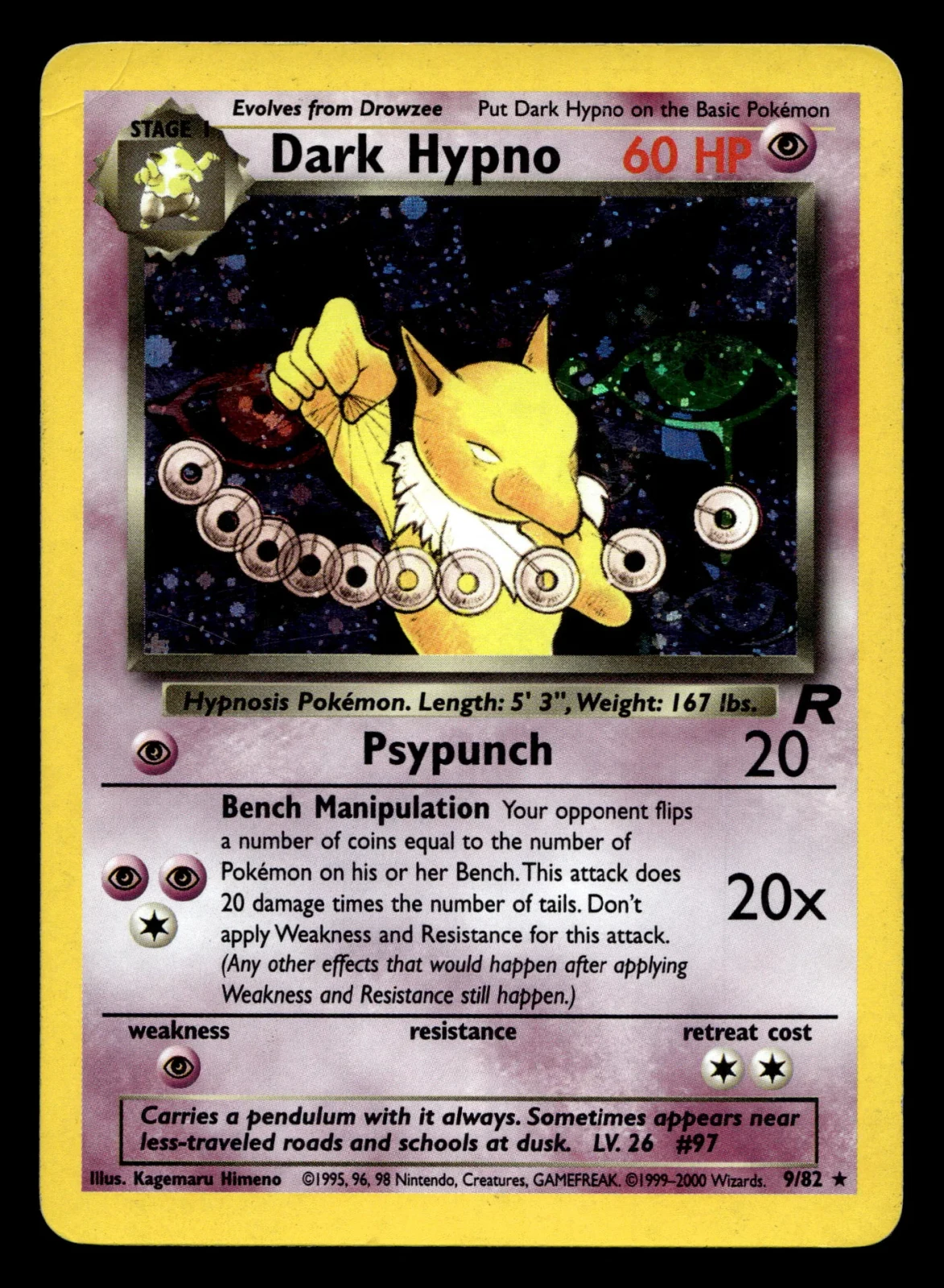 Voorkant Dark Hypno 9/82 uit Team Rocket Rare Holo Light Played conditie Pokémon kaart productfoto