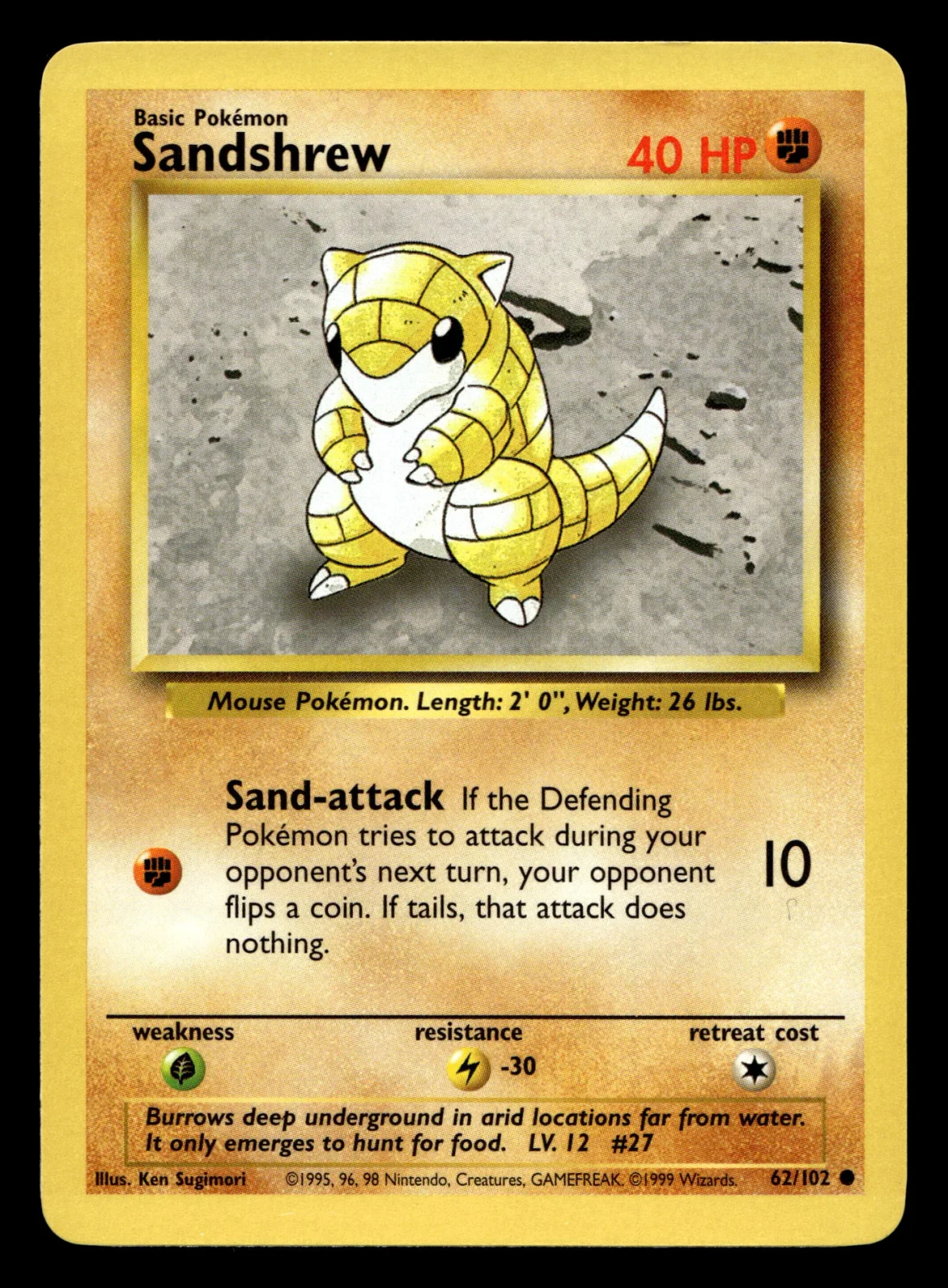 Voorkant Sandshrew 62/102 uit Base Set Common Excellent + conditie Pokémon kaart productfoto