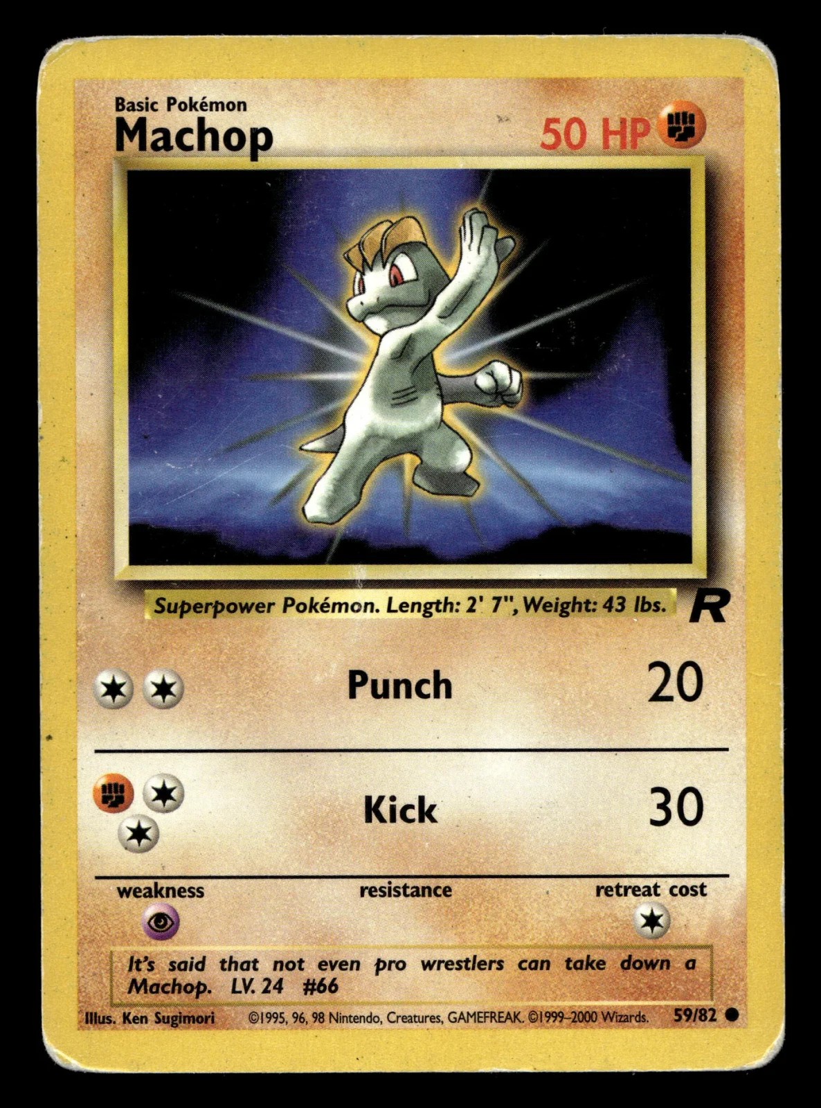 Voorkant Machop 59/82 uit Team Rocket Common Light Played conditie Pokémon kaart productfoto