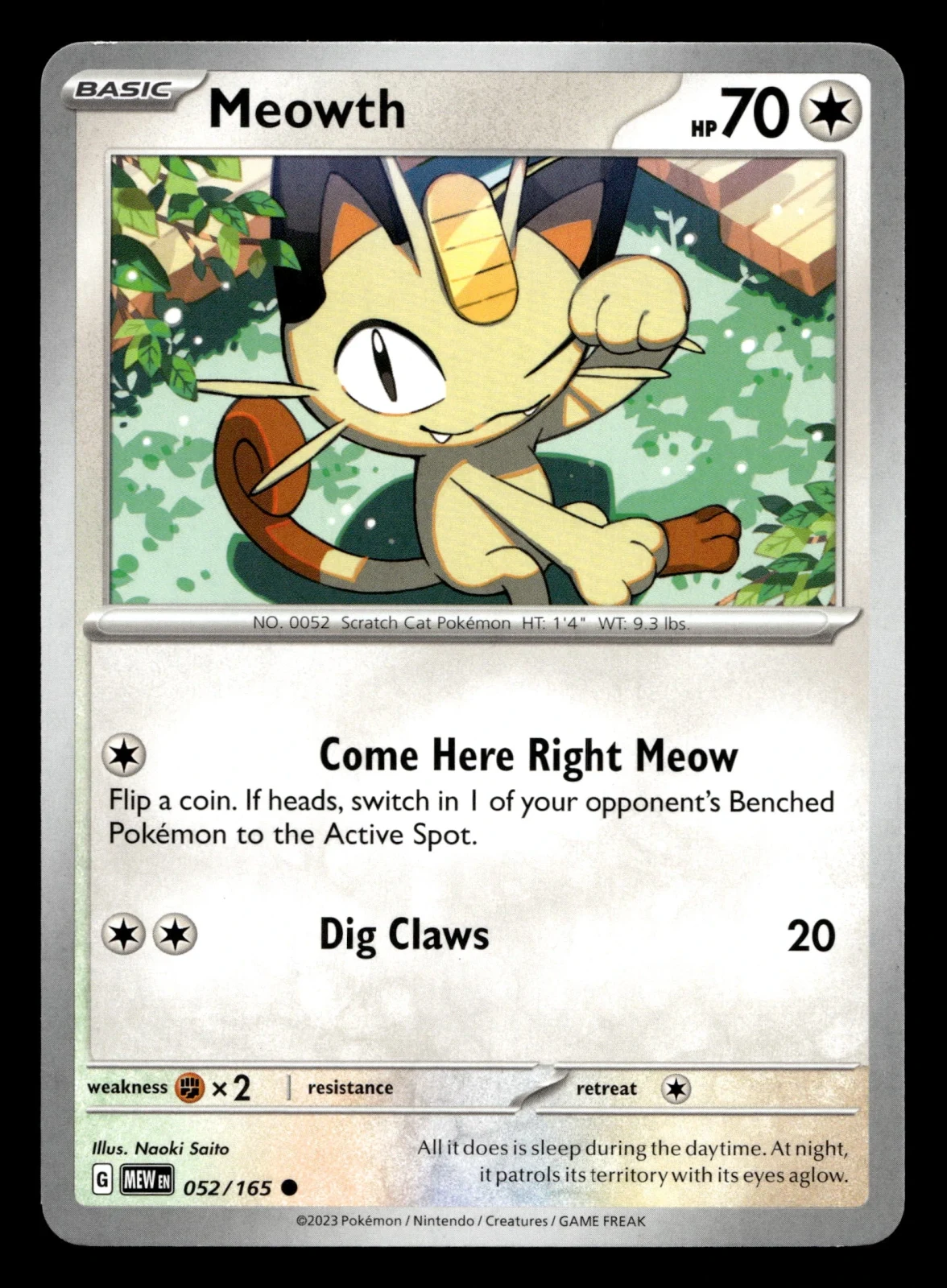 Voorkant Meowth 52/165 uit 151 Common Near Mint conditie Pokémon kaart productfoto