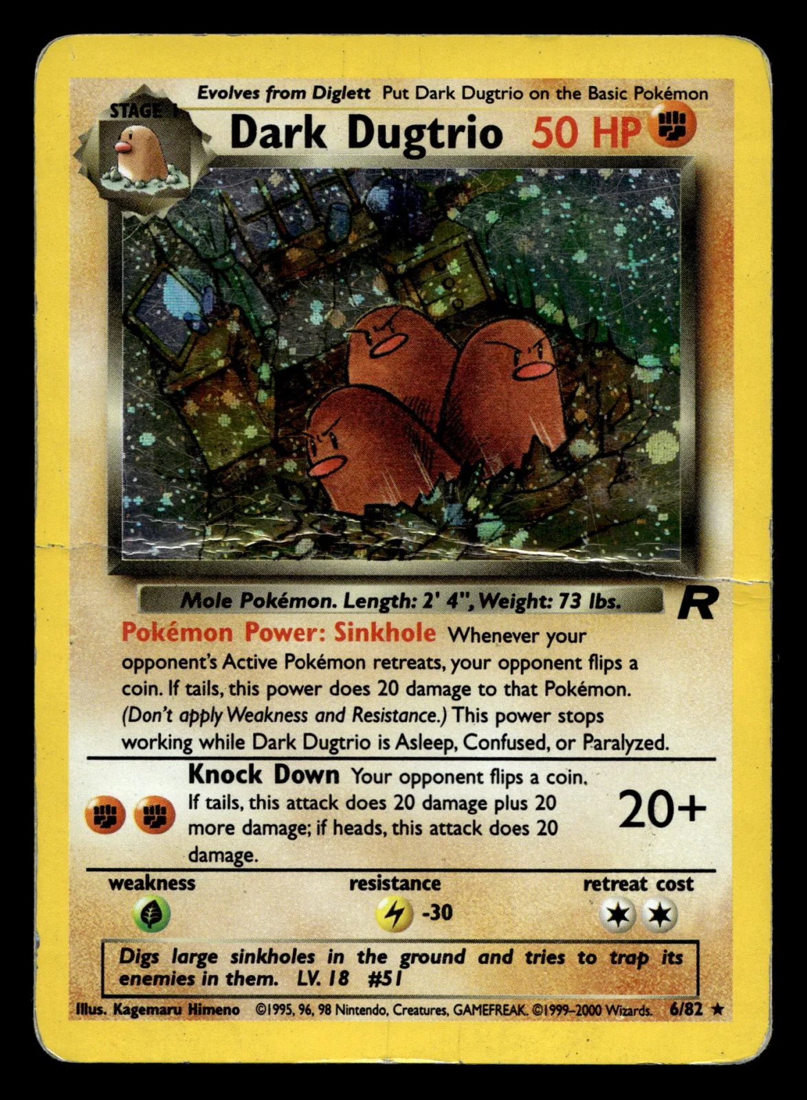 Voorkant Dark Dugtrio 6/82 uit Team Rocket Rare Holo Poor conditie Pokémon kaart productfoto