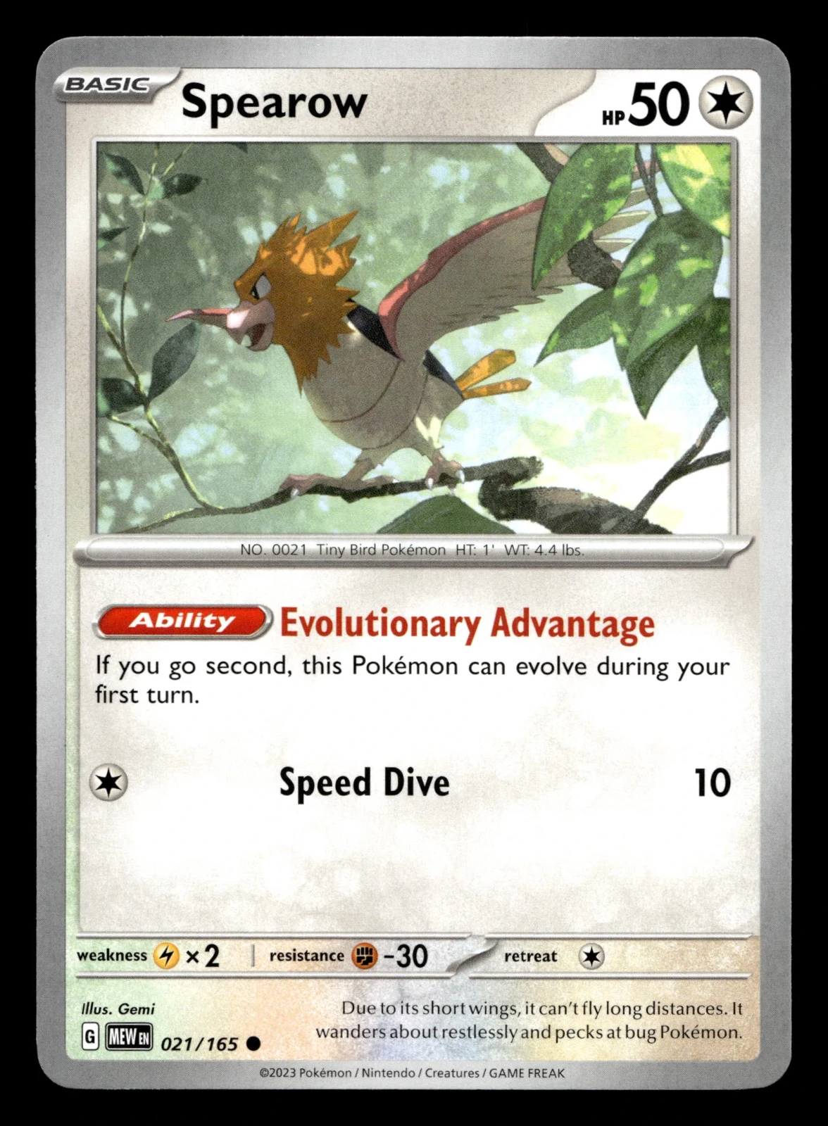 Voorkant Spearow 21/165 uit 151 Common Near Mint conditie Pokémon kaart productfoto