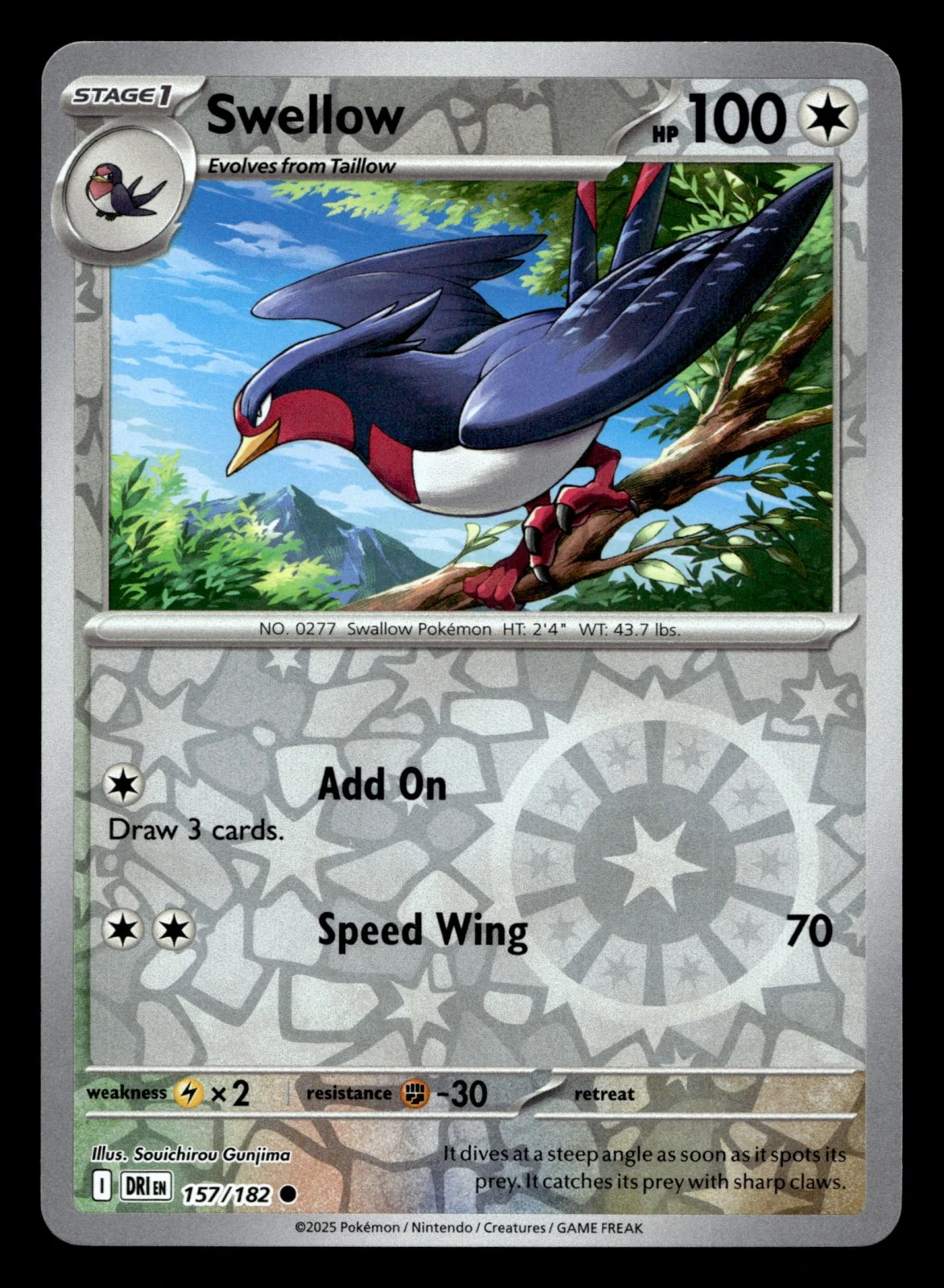 Voorkant Swellow 157/182 uit Destined Rivals Common Near Mint conditie Pokémon kaart productfoto