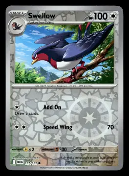 Voorkant Swellow 157/182 uit Destined Rivals Common Near Mint conditie Pokémon kaart productfoto