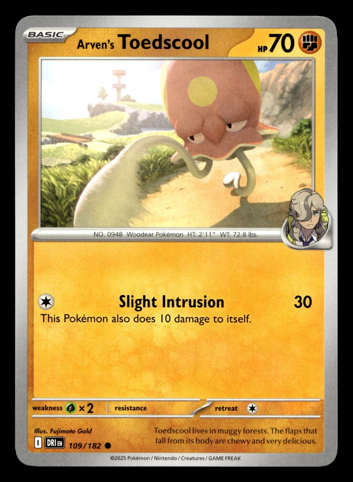 Voorkant Arven's Toedscool 109/182 uit Destined Rivals Common Near Mint conditie Pokémon kaart productfoto