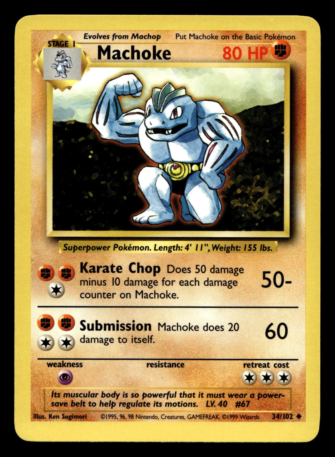 Voorkant Machoke 34/102 uit Base Set Uncommon Near Mint - conditie Pokémon kaart productfoto NM- 3/3