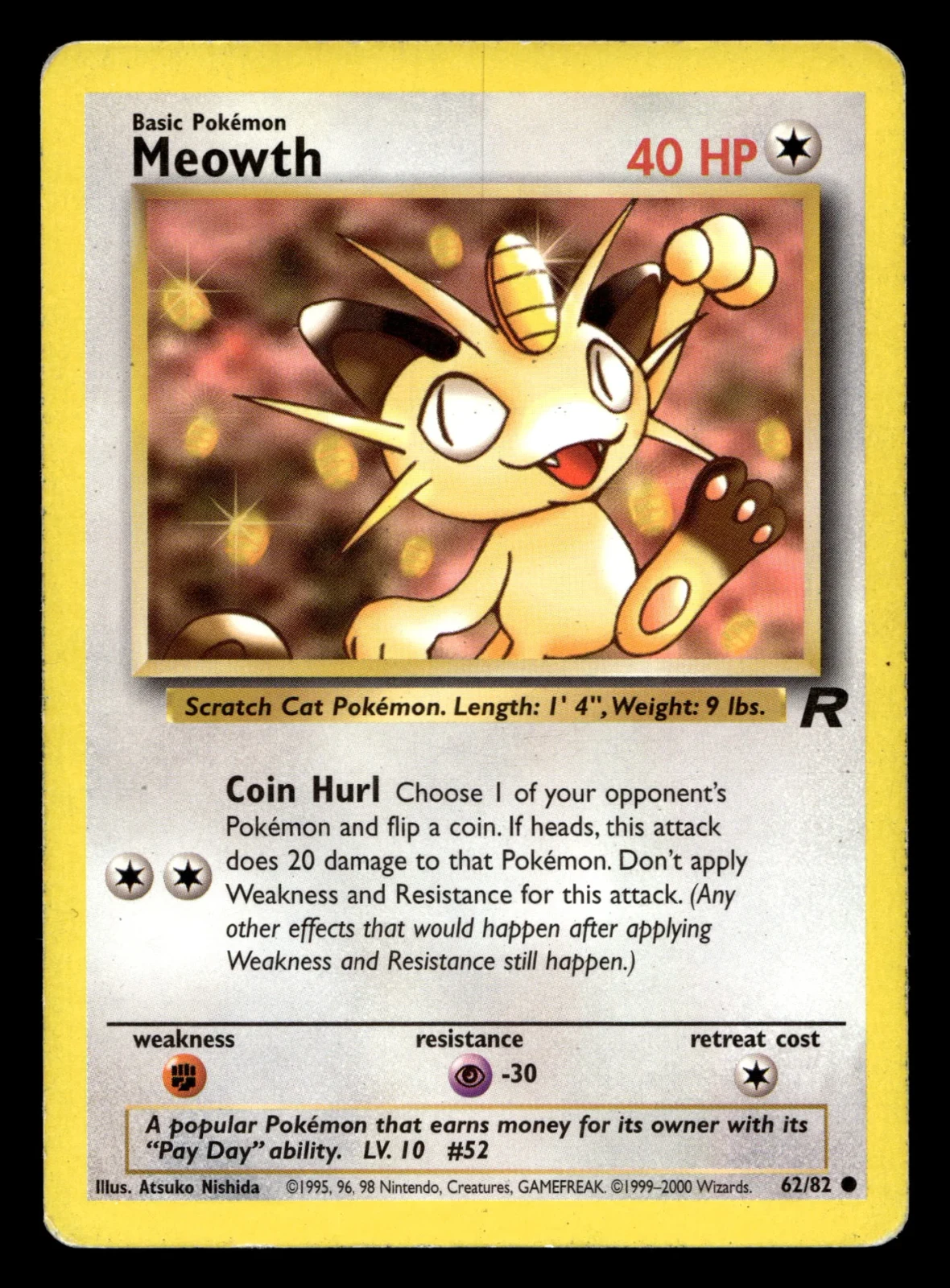 Voorkant Meowth 62/82 uit Team Rocket Common Good conditie Pokémon kaart productfoto
