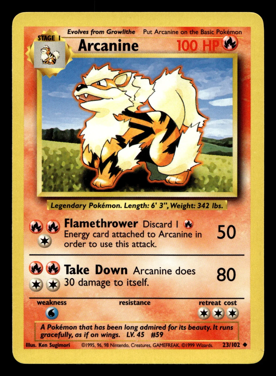 Voorkant Arcanine 23/102 uit Base Set Uncommon Near Mint - conditie Pokémon kaart productfoto NM- 1/2