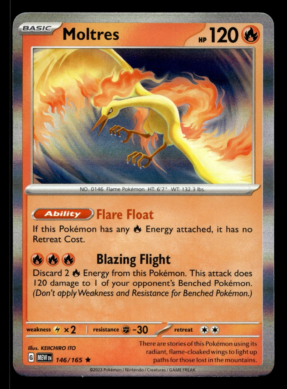 Voorkant Moltres 146/165 uit 151 Rare Near Mint conditie Pokémon kaart productfoto