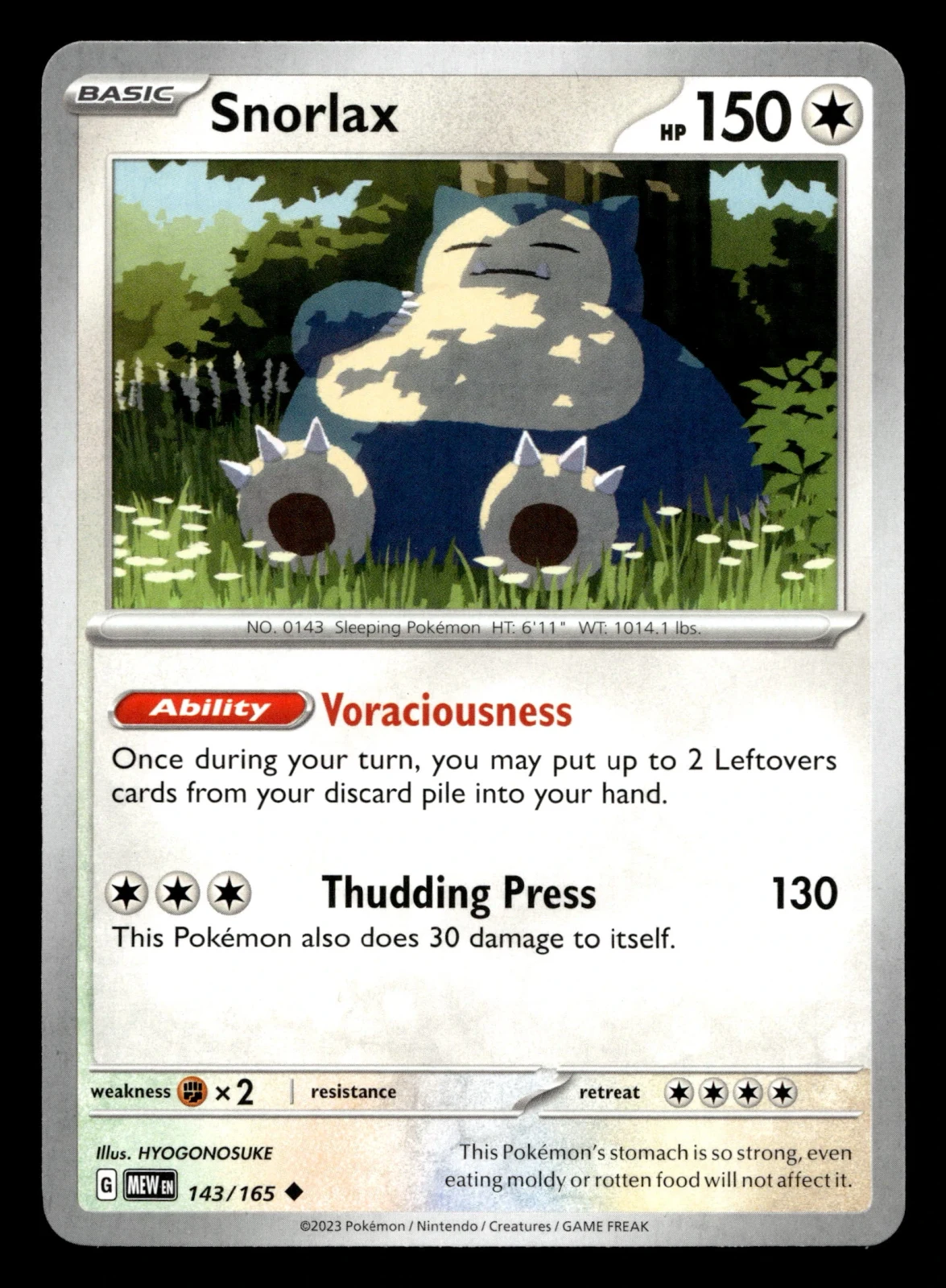 Voorkant Snorlax 143/165 uit 151 Uncommon Near Mint conditie Pokémon kaart productfoto