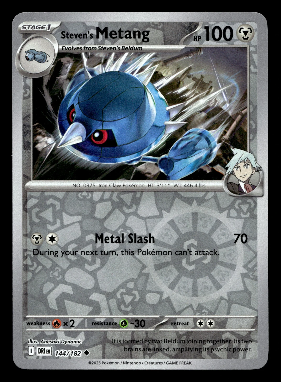 Voorkant Steven's Metang 144/182 uit Destined Rivals Uncommon Near Mint conditie Pokémon kaart productfoto