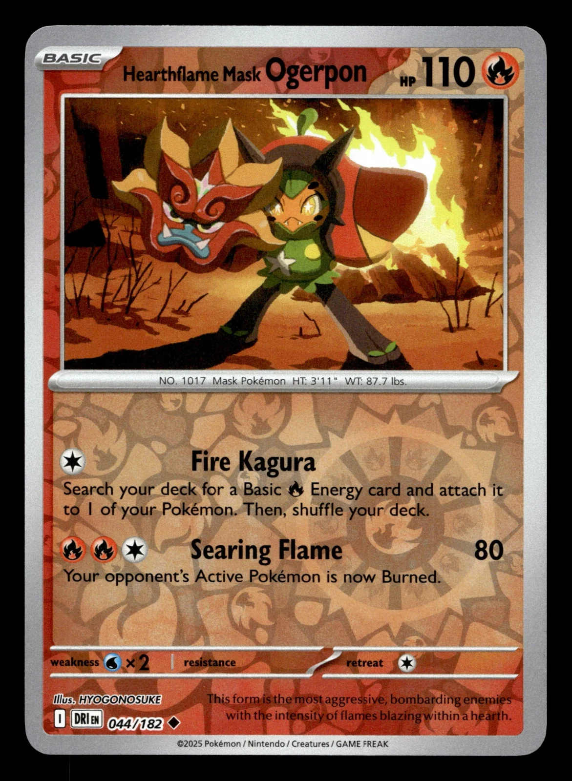 Voorkant Hearthflame Mask Ogerpon 44/182 uit Destined Rivals Uncommon Near Mint conditie Pokémon kaart productfoto