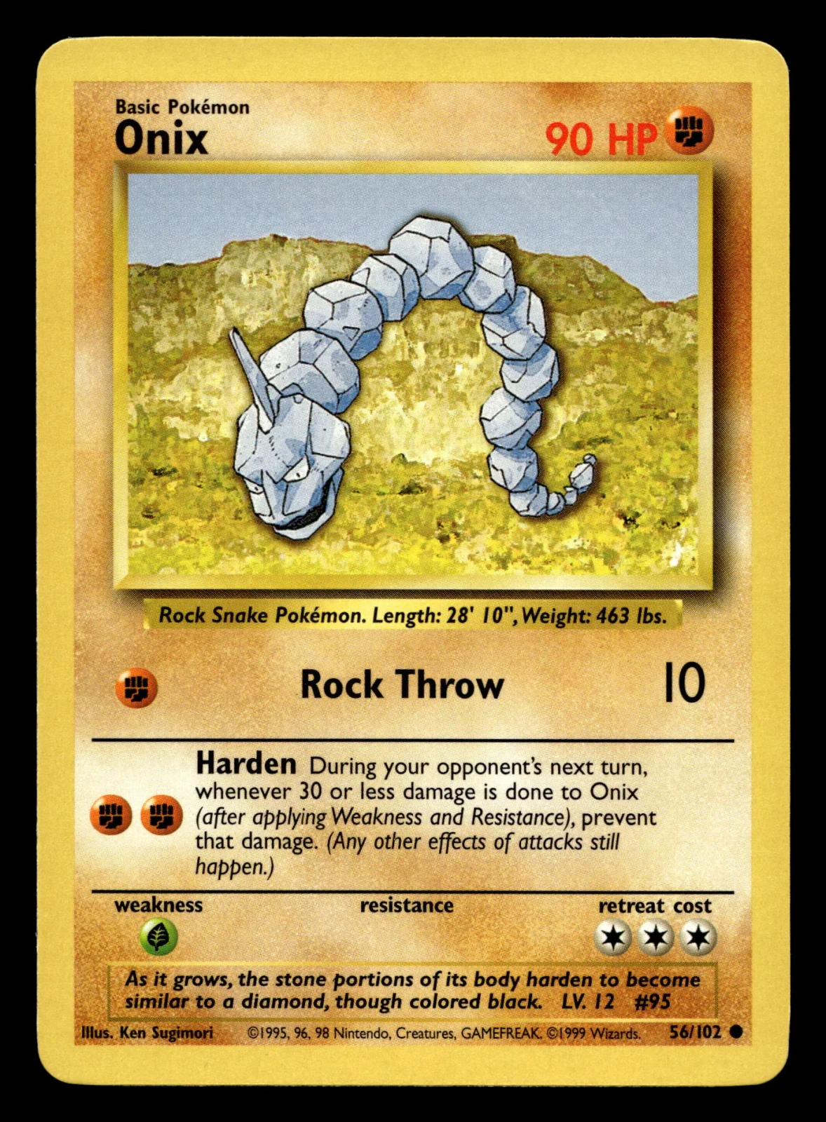 Voorkant Onix 56/102 uit Base Set Common Excellent + conditie Pokémon kaart productfoto EX+ 1
